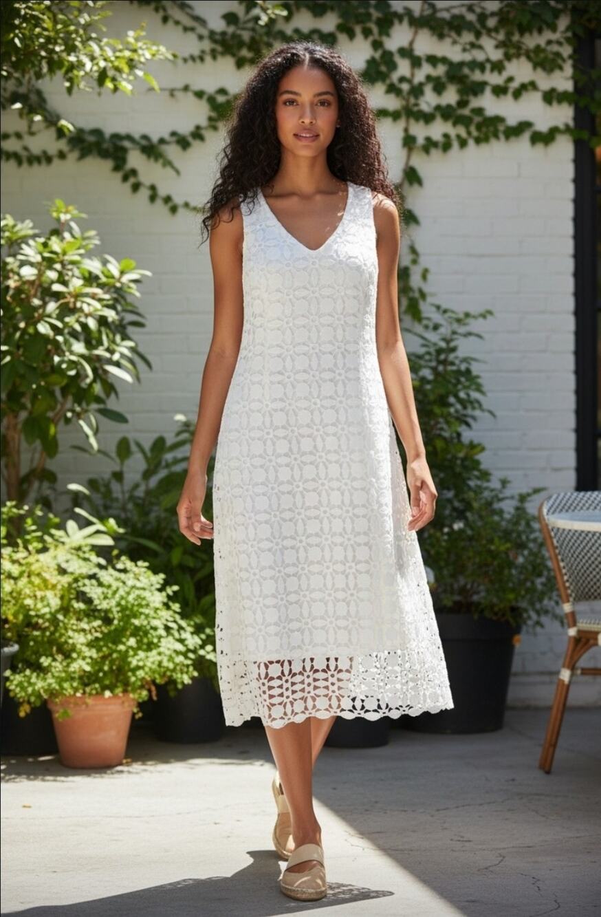 Bisou Bisou Michele Bohbot White Circle Lace Midi Shift Dress Sleeveless Sz 16